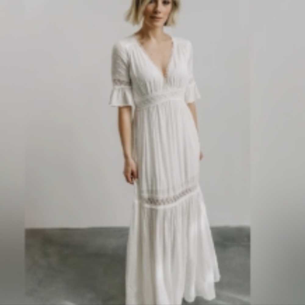 BALTIC BORN RAINE SWISS DOT CREAM LINED MAXI DRESS SIZE LARGE NWOT
